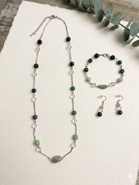 3pc Green Stone Bead Necklace Bracelet Earrings Jewelry Set